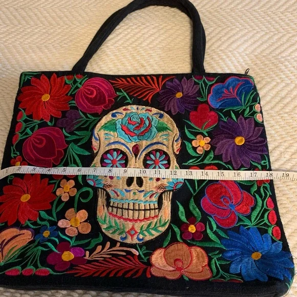 Vibrant Colors Embroidered Floral Skull Tote Bag - Multicolor Extra Large - Picture 5 of 8